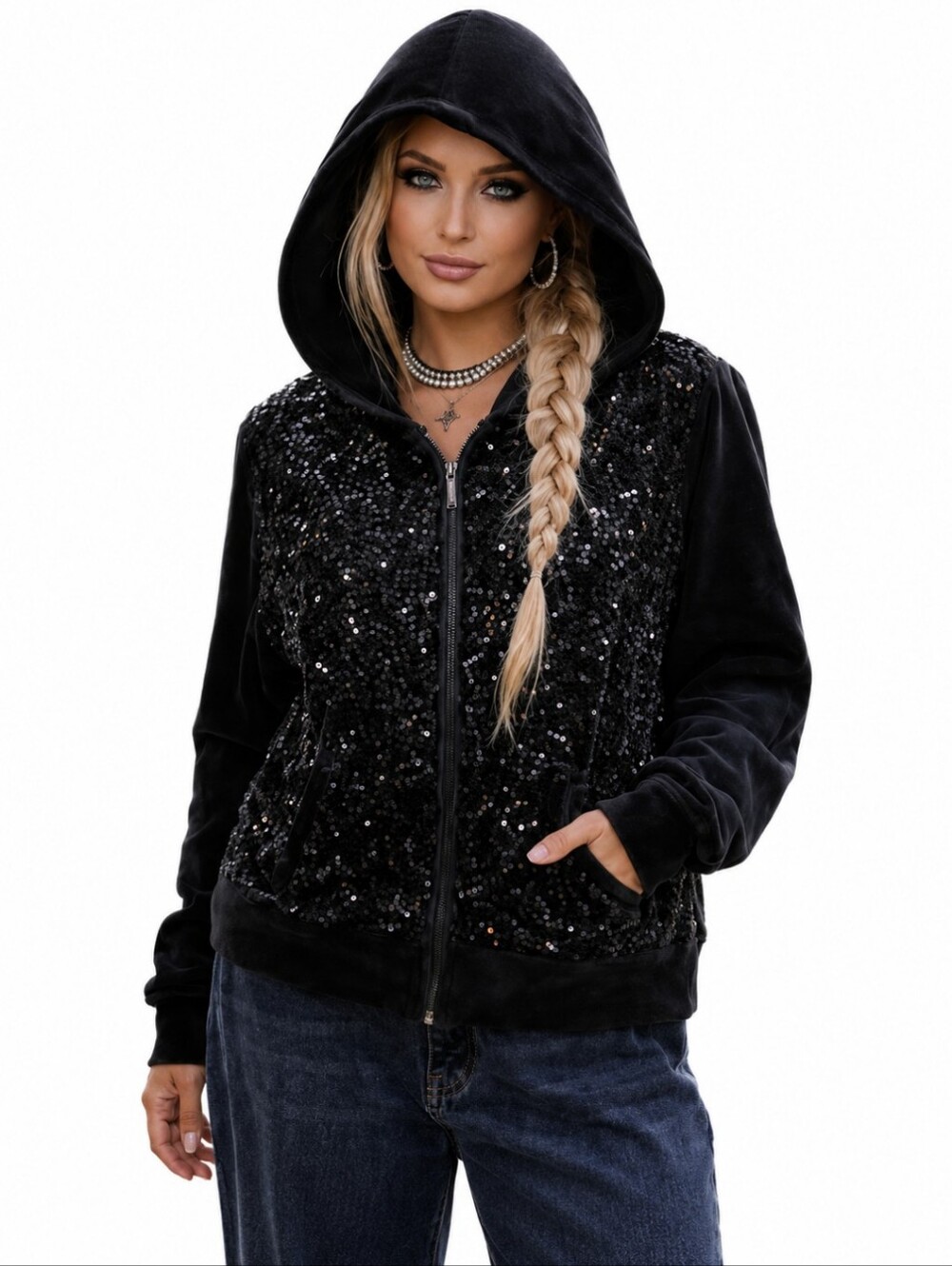 Y2K Onque Casuals Black Velour Zip Up Hooded Jacket Sparkles Sequins Front Sz L